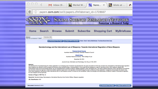 20101220.1 SSRN- "Nanotechnology and the International Law of Weaponry- Towards International Regulation of Nano-Weapons"